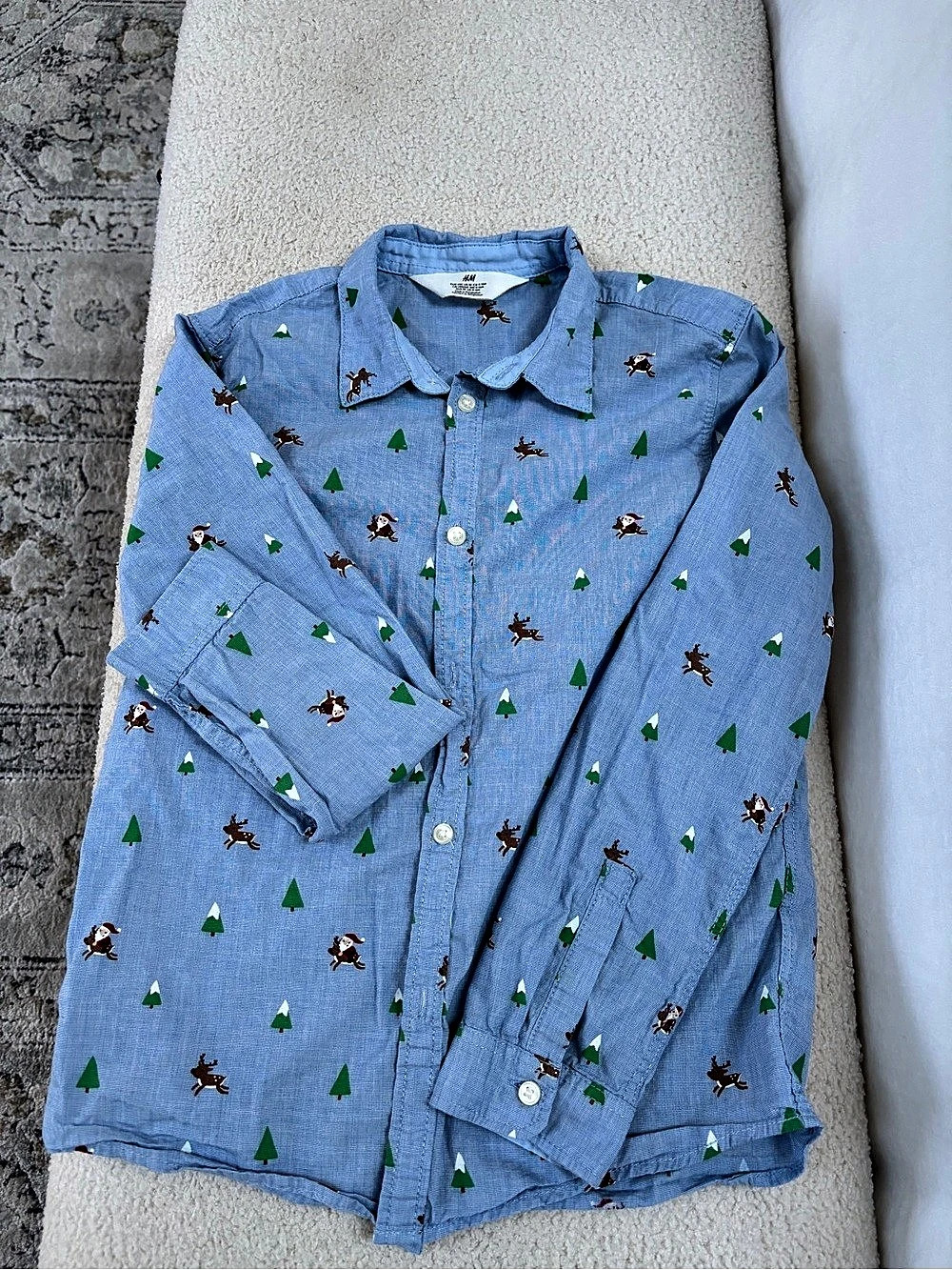 H&M Reindeer Cotton Button-Up Shirt Boys Blue & Green 10-12Y